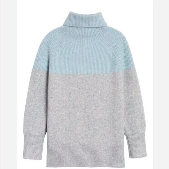 Nordstrom Signature Cashmere Turtleneck Sweater Color Block Blue Grey Women's M - Picture 6 of 6
